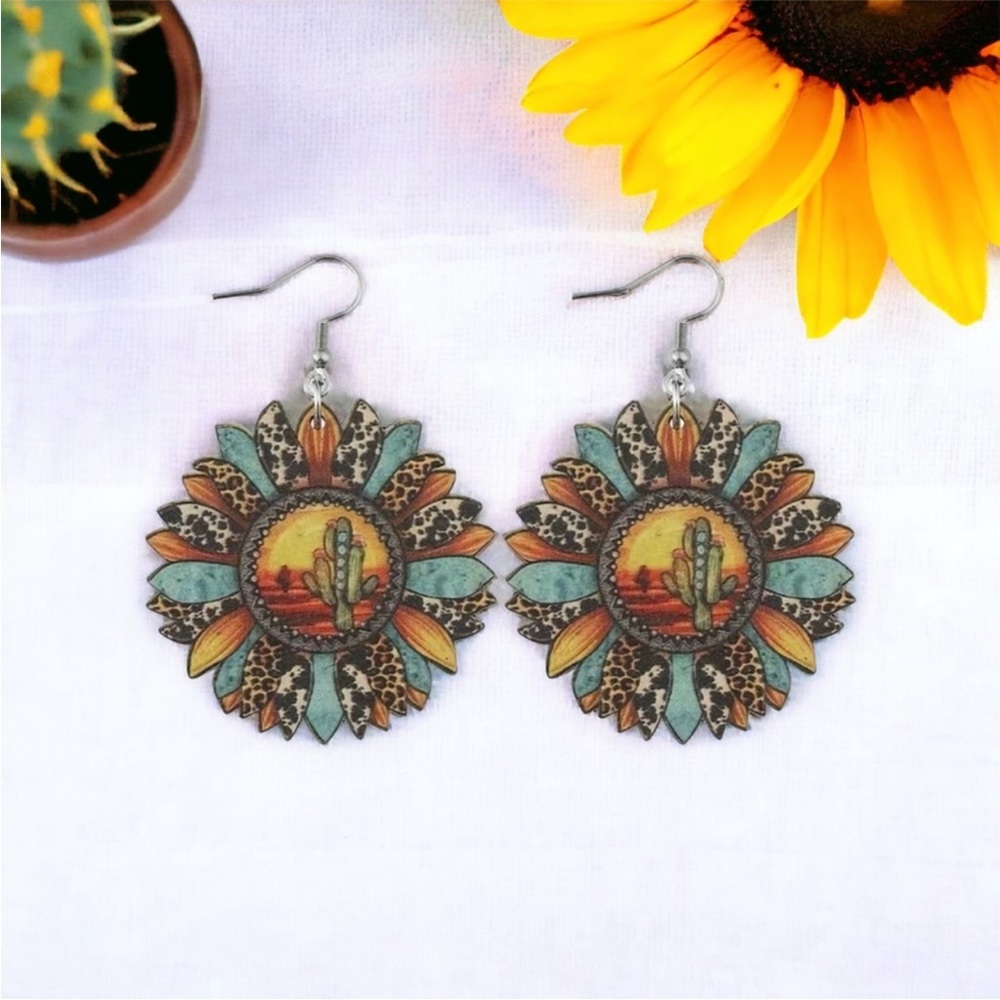 Sunflower shaped pendant drop leopard pattern wooden hook earrings